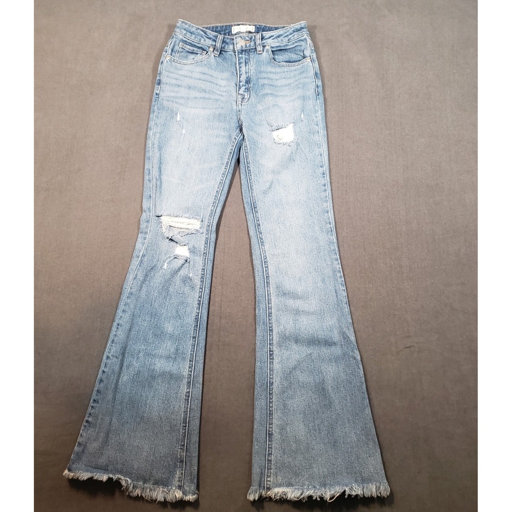 Harper Heritage Flare Jeans Womens 25 Light Blue Distressed High Rise Frayed Hem